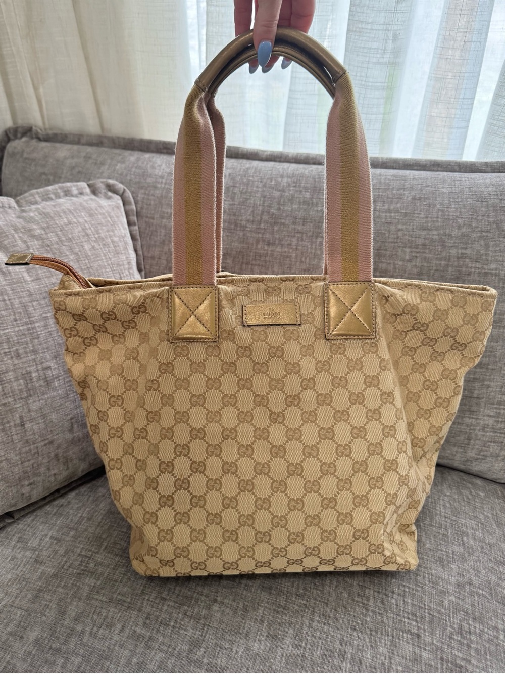 Gucci GG Canvas Web Sherry Line Tote Bag Beige Pink Gold 131231 Authentic